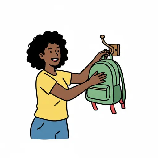 Een persoon hangt een groene rugzak aan een houten haak.
