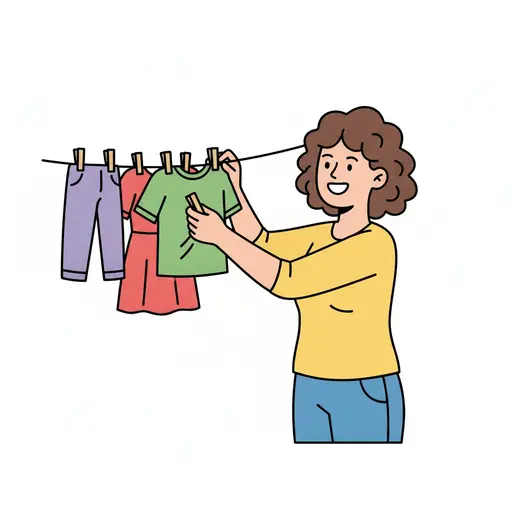 Een persoon hangt een groen shirt aan een lijn waar al broeken en jurken hangen.