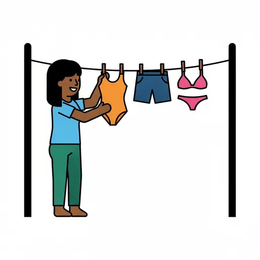 Een persoon hangt een oranje badpak aan een lijn waar al een zwembroek en een bikini hangen.