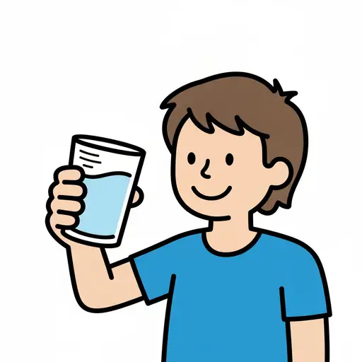 Een persoon houdt een glas water omhoog.