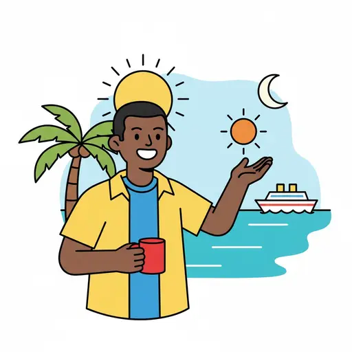 Een persoon lacht met een mok in zijn hand voor een palmboom en een zee met een boot.
