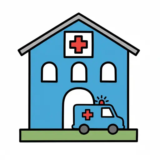 Eine Cartoon-Illustration eines blauen Krankenhausgebäudes mit einem roten Kreuz-Symbol und einem davor geparkten Krankenwagen.
