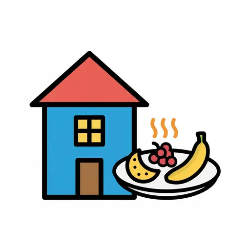 Een huis naast een bord met een banaan, een partje watermeloen en warme bessen.