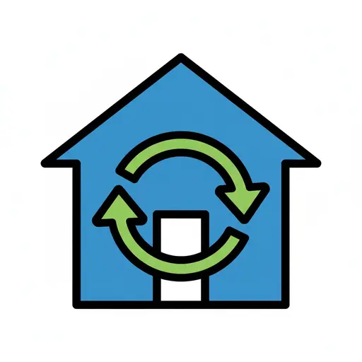 Et ikon, der forestiller et blåt hus med to grønne cirkulære pile indeni, hvilket symboliserer en nulstilling eller fornyelse.