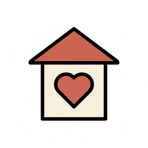 A simple house with a red roof and a large heart in the middle of the wall.