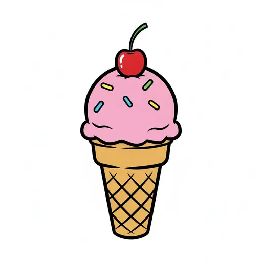 Een ijshoorntje met een roze bol, spikkels en een kers erbovenop.