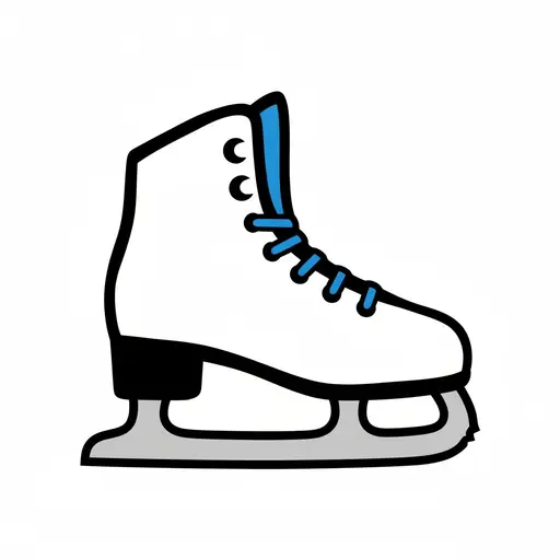 A white ice skate with blue laces and a grey blade.