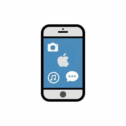 An illustration of an iPhone with icons for camera, Apple logo, music, and messages on a blue screen.