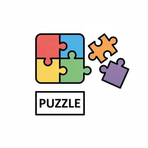 Fire fargerike brikker satt sammen, to løse brikker og ordet PUZZLE.