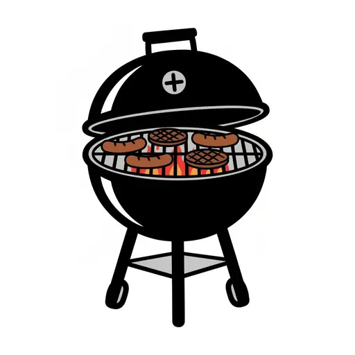 En svart kulegrill med åpent lokk der hamburgere og pølser grilles over glødende kull.