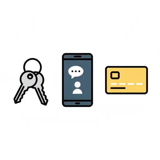 Nøkler, en mobil med chattesymbol og et kort på rad.