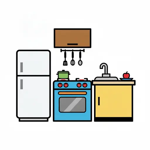 Een keuken met een koelkast, fornuis, gootsteen en een bovenkast.