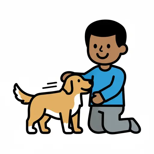 Een kind knielt en aait een blije hond over zijn kop.
