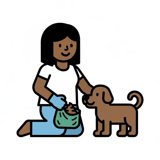 Een kind knielt met een handschoen en doet hondenpoep in een zakje naast een hond.