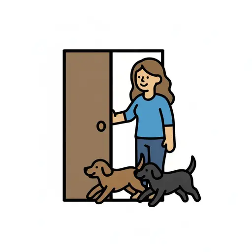 Een persoon staat bij een open deur terwijl twee honden naar buiten rennen.