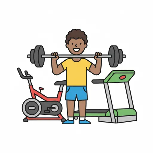 A child lifts a barbell in a gym with an exercise bike and a treadmill behind.