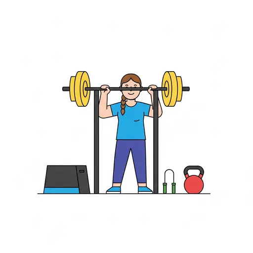 A person lifts a barbell in a rack, with a kettlebell and a skipping rope beside them.