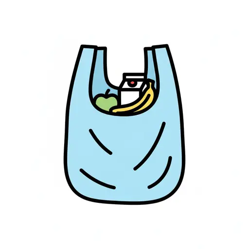 En lyseblå plastikpose med hanke, fyldt med et grønt æble, en banan og en mælkekarton.