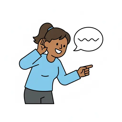 A person holds a hand behind their ear and points, with a speech bubble beside them.