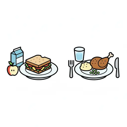 Links een boterham met melk en een appel, rechts een bord met kip, aardappelpuree en doperwten.