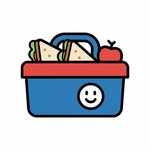 A blue lunchbox with a red lid contains two sandwiches and a red apple. A smiley face is depicted on the side of the box.