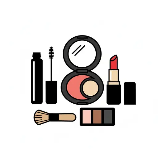 Een tekening van verschillende make-upproducten, waaronder poeder, een kwast, mascara, lippenstift en oogschaduw.