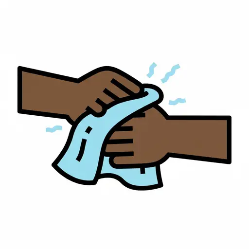 Twee handen vegen het water van de handen met een blauwe handdoek.