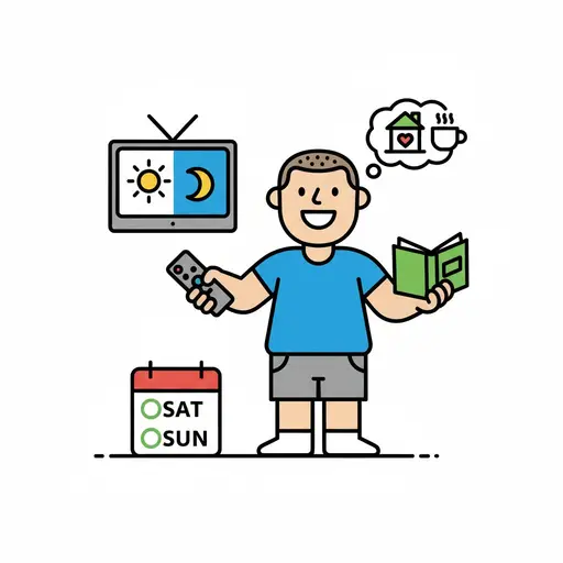Een tekening van een persoon met symbolen die weekendactiviteiten voorstellen, zoals tv-kijken, lezen en thuis ontspannen.