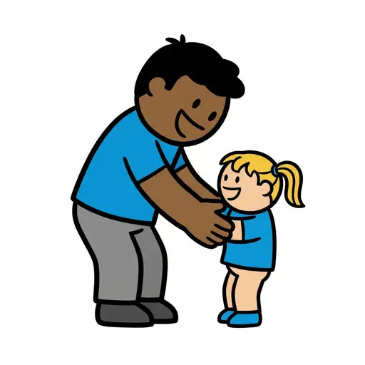 Illustration of a man smiling and bending down towards a small child, who is smiling back.