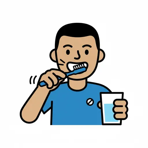 A person in a blue shirt is brushing their teeth with a blue toothbrush while holding a glass of water with a pill in it.