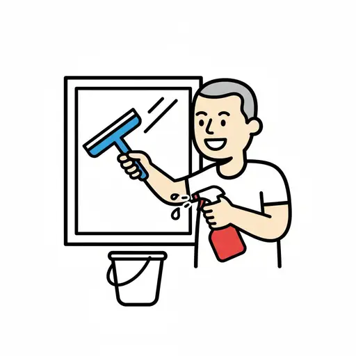 Een tekening van een man met grijs haar die met een trekker een raam schoonmaakt. In zijn andere hand houdt hij een sprayfles waar schoonmaakmiddel uit spuit. Onder het raam staat een emmer.