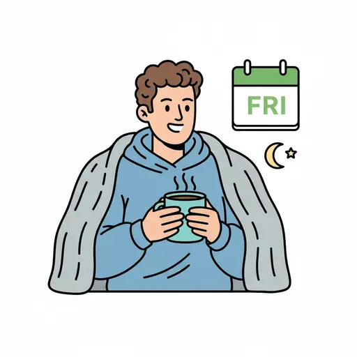 En mand sidder pakket ind i et tæppe, holder et dampende krus og ser afslappet ud. En kalender med "FRE" og en måne med en stjerne er synlige i baggrunden.