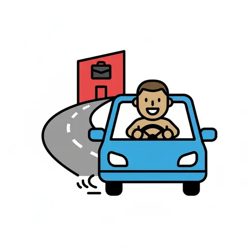 Hymyilevä mies ajaa sinistä autoa tietä pitkin kohti rakennusta, jossa on salkun kuva.