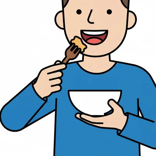 A smiling man eats with a fork while holding a bowl in his other hand.
