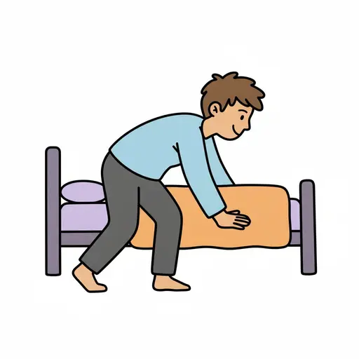 Eine Person steigt aus dem Bett und stützt sich mit den Händen auf der Decke ab.