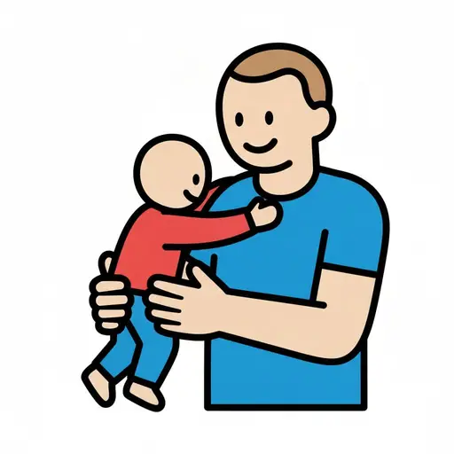 A smiling man holds a small child in his arms, and the child reaches a hand towards his face.