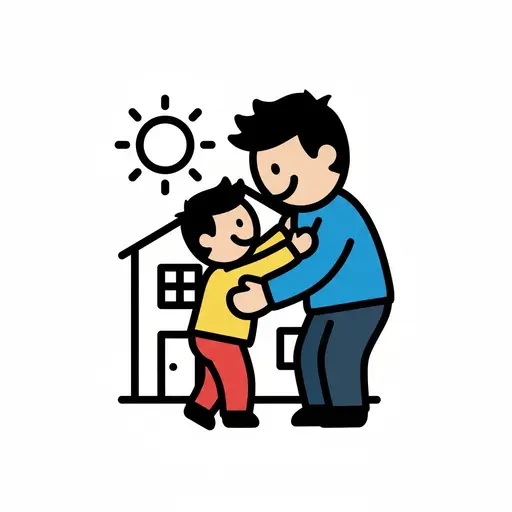 En mand, der krammer et barn med et hus og en sol i baggrunden.