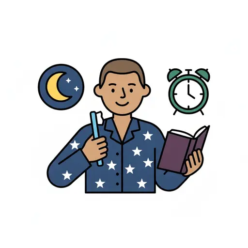 Pyjamaan pukeutunut mies pitää hammasharjaa ja kirjaa, vieressä kuu ja herätyskello.