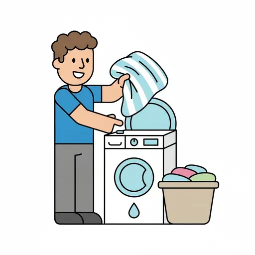Ein Mann steckt gestreifte Bettwäsche in die Waschmaschine, daneben ein Wäschekorb.