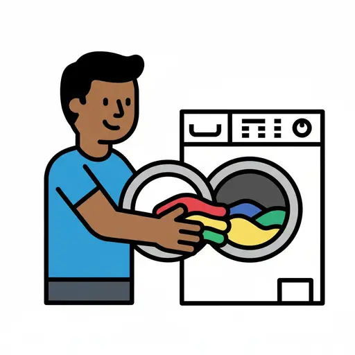 En illustration af en person, der lægger farverigt tøj i tromlen på en frontbetjent vaskemaskine.
