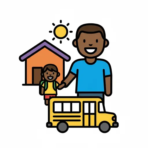 Een volwassene haalt een kind op van de peuterschool, met een bus en een huis op de achtergrond.