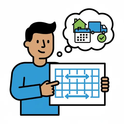 Een man houdt een bord met pijlen vast, en in een gedachtewolk zijn een huis, een verhuiswagen en een kalender te zien.