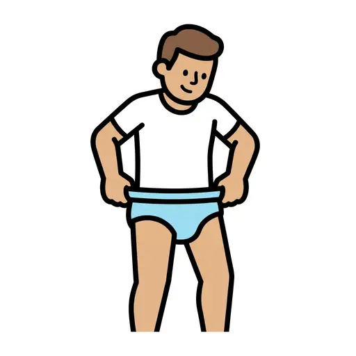 Een man trekt met beide handen een lichtblauwe boxershort omhoog.