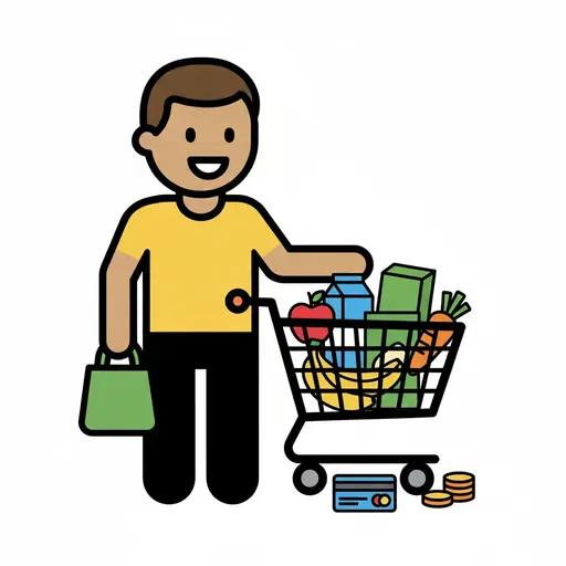 A man in a yellow shirt pushes a shopping cart full of fruit, vegetables and milk while carrying a green tote bag.