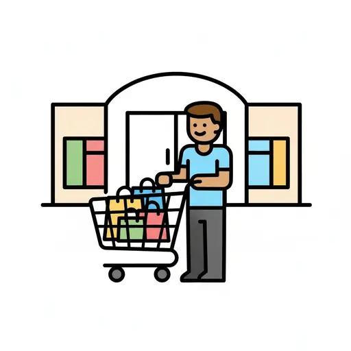A man pushes a trolley of bags outside a mall.
