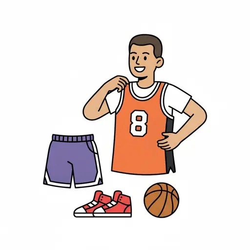 En mann tar på seg en oransje basketdrakt med nummer 8, med shorts, sko og en basketball ved siden av.