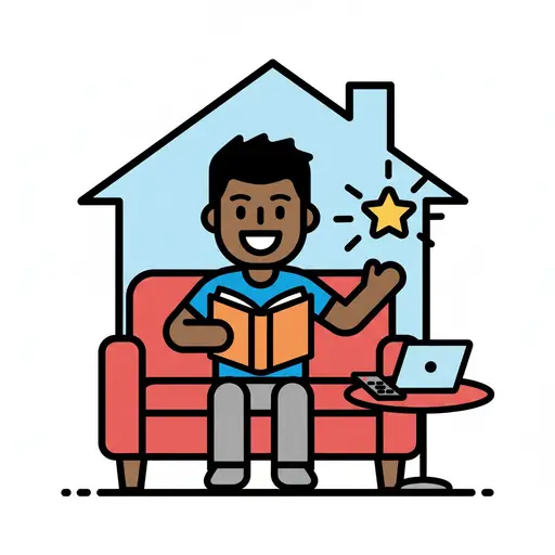 A man sits on a red sofa inside a stylized house outline, reading a book. A laptop and a remote control are on a table next to him. A sparkling star floats next to his head.