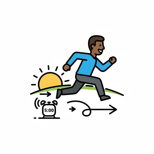 Een persoon rent langs een opkomende zon en een wekker die op 5:00 staat, met pijlen die beweging en tijd aangeven.