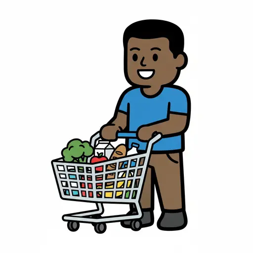Een persoon duwt een winkelwagen vol boodschappen.