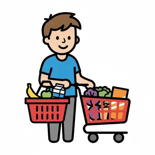Een lachende man houdt een rood mandje met bananen en melk vast en duwt een winkelwagen vol groente.